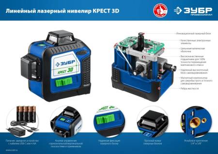 Зеленый нивелир ЗУБР КРЕСТ 3D лазерный 34909. Артикул 34909