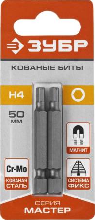 Биты ЗУБР "Мастер" тип хвостовика E 1/4" 50мм HEX4 2шт 26007-4-50-2. Артикул 26007-4-50-2