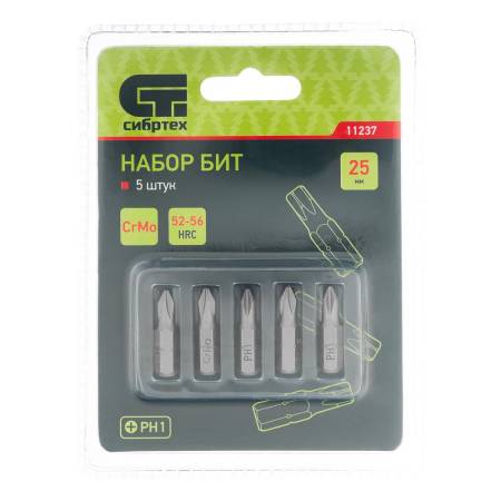 Набор бит PH1 x 25, сталь CrMo, 5 шт. Сибртех 11237. Артикул 11237