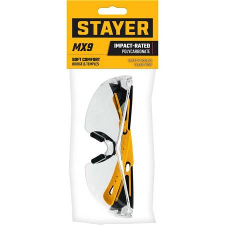 Очки защитные открытого типа, прозрачные, двухкомпонентные дужки, STAYER MX-9 110490. Артикул 110490