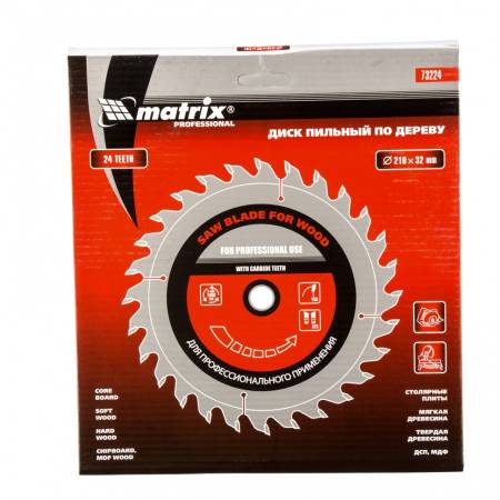 Пильный диск по дереву, 210 х 32 мм, 24 зуба, кольцо 30/32 Matrix Professional 73224. Артикул 73224