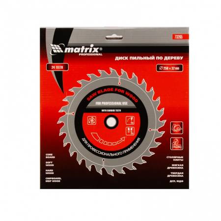Пильный диск по дереву, 250 х 32 мм, 24 зуба Matrix Professional 73265. Артикул 73265