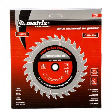 Пильный диск по дереву, 200 х 32 мм, 60 зубьев, кольцо 30/32 Matrix Professional 73264. Артикул 73264