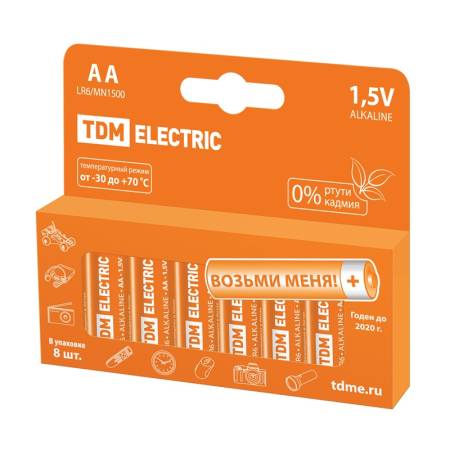 Батарейки алкалиновые TDM тип LR6/АА, 1,5 В (8 шт). Артикул тов-162072