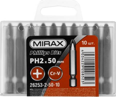 Биты MIRAX PH№2 тип хвостовика E 1/4" длина 50мм 10шт 26253-2-50-10. Артикул 26253-2-50-10
