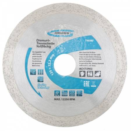 Диск алмазный, 125 х 22,2 мм, сплошной, мокрая резка Gross 730387. Артикул 730387