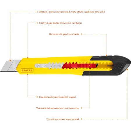 Нож из АБС пластика QUICK-18, сегмент. лезвия 18 мм, STAYER 0910_z01. Артикул 0910_z01