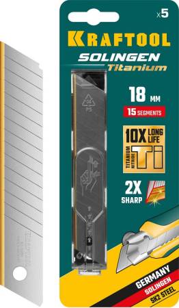 Лезвия сегментированные KRAFTOOL SOLINGEN Titanium 18 мм с покрытием TiN 15 сегментов 5 шт 09606-TIN-18-S5_z02. Артикул 09606-TIN-18-S5_z02