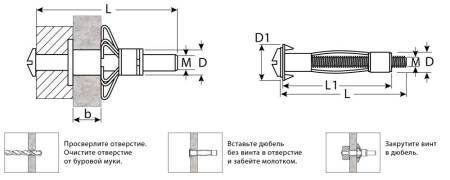 Анкер МОЛЛИ для пустотелых материалов 8 мм x M4 x 32мм 100 шт оцинкованный ЗУБР 302472-04-032. Артикул 302472-04-032