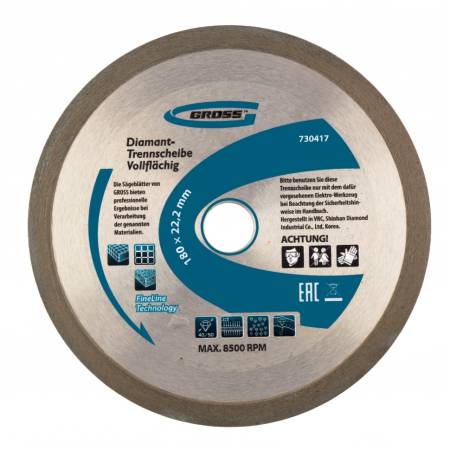 Диск алмазный, 180 х 22,2 мм, сплошной, мокрая резка Gross 730417. Артикул 730417