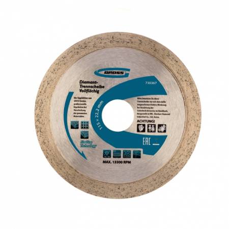 Диск алмазный, 115 х 22,2 мм, сплошной, мокрая резка Gross 730367. Артикул 730367