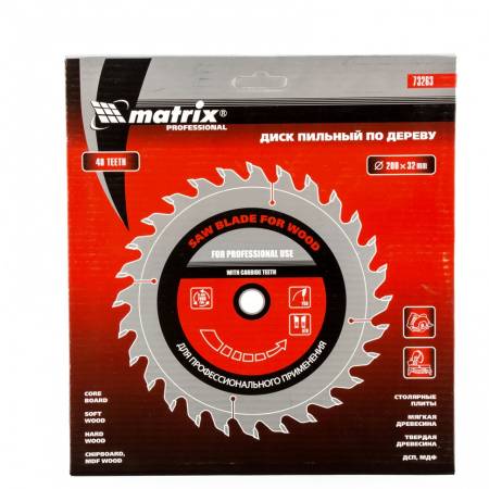 Пильный диск по дереву, 200 х 32 мм, 48 зубьев, кольцо 30/32 Matrix Professional 73263. Артикул 73263
