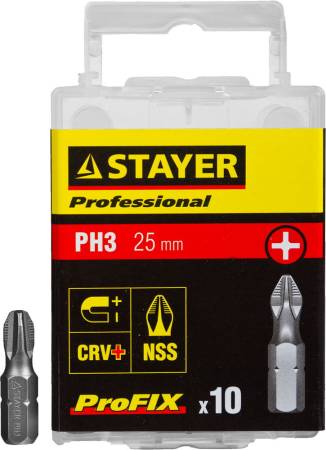 Биты STAYER "PROFESSIONAL" ProFix Phillips тип хвостовика C 1/4" № 3 L=25мм 10шт 26201-3-25-10_z01. Артикул 26201-3-25-10_z01