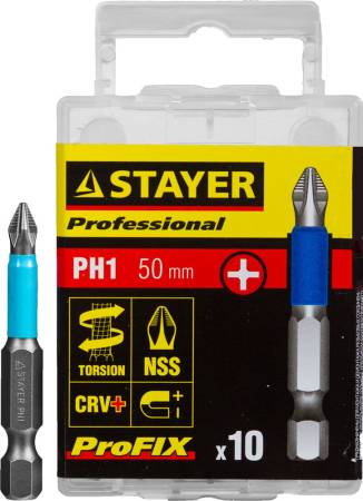 Биты STAYER "PROFESSIONAL" ProFix Phillips тип хвостовика E 1/4" № 1 L=50мм 10шт 26203-1-50-10_z01. Артикул 26203-1-50-10_z01
