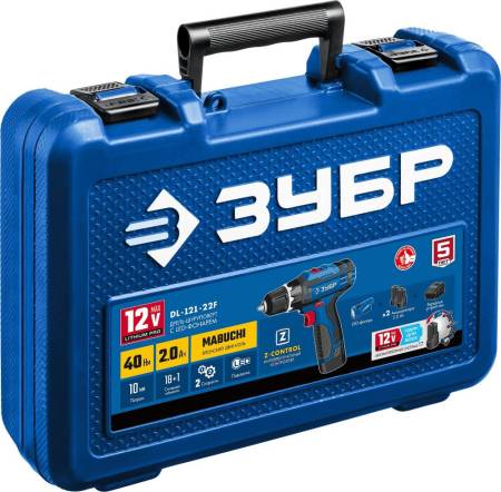 Дрель-шуруповерт ЗУБР 12В + LED фонарь 2 АКБ (2Ач) в кейсе Профессионал  DL-121-22F DL-121-22F. Артикул DL-121-22F