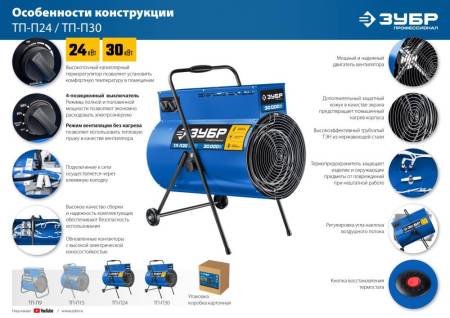Тепловая пушка электрическая 9 кВт, Профессионал ЗУБР ТП-П9. Артикул ТП-П9