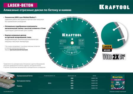 Диск алмазный LASER-BETON 300 мм отрезной по бетону и камню KRAFTOOL 36686-300. Артикул 36686-300