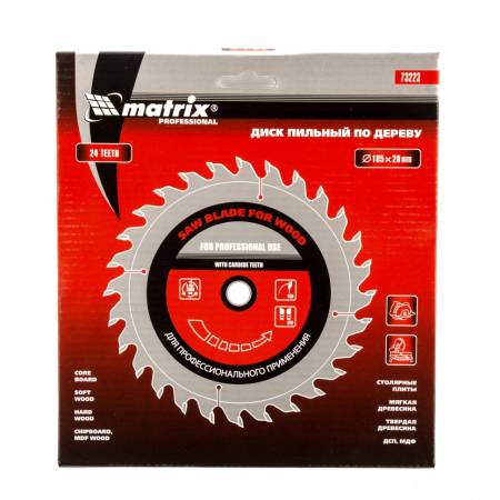 Пильный диск по дереву, 185 х 20 мм, 24 зуба, кольцо 16/20 Matrix Professional 73223. Артикул 73223