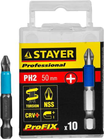 Биты STAYER "PROFESSIONAL" ProFix Phillips PH2 50мм 10шт 26203-2-50-10_z01. Артикул 26203-2-50-10_z01