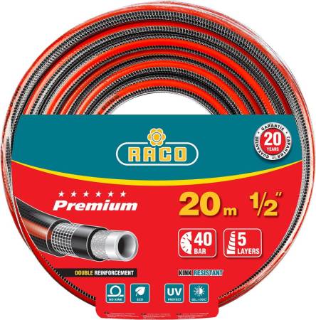 Поливочный шланг RACO PREMIUM 1/2" 20 м 40 атм пятислойный усиленный двумя слоями армирования 40300-1/2-20_z01. Артикул 40300-1/2-20_z01