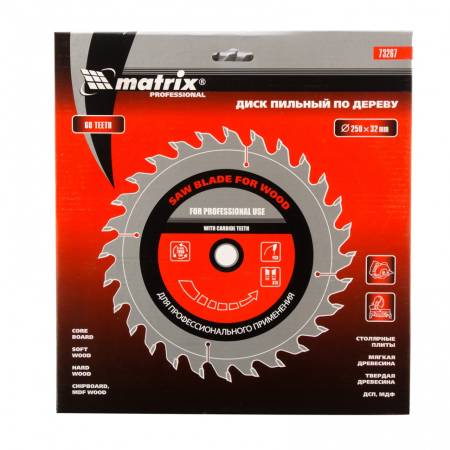 Пильный диск по дереву, 250 х 32 мм, 60 зубьев Matrix Professional 73267. Артикул 73267