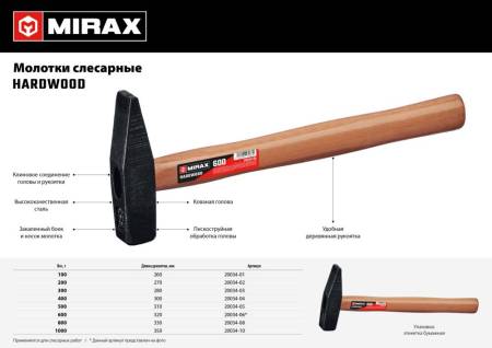 Молоток MIRAX 500 слесарный с деревянной рукояткой 20034-05. Артикул 20034-05