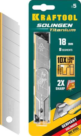 Лезвия сегментированные KRAFTOOL SOLINGEN Titanium 18 мм с покрытием TiN 8 сегментов 5 шт 09605-TIN-18-S5_z02. Артикул 09605-TIN-18-S5_z02