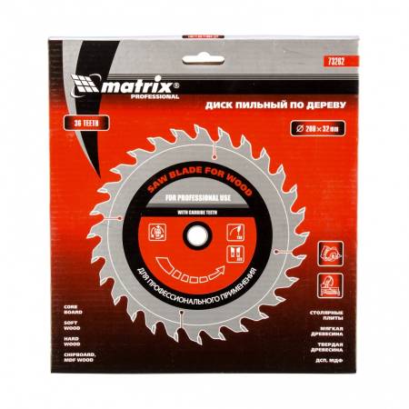 Пильный диск по дереву, 200 х 32 мм, 36 зубьев, кольцо 30/32 Matrix Professional 73262. Артикул 73262