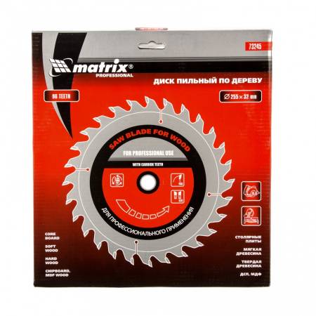 Пильный диск по дереву, 255 х 32 мм, 96 зубьев, кольцо 30/32 Matrix Professional 73245. Артикул 73245