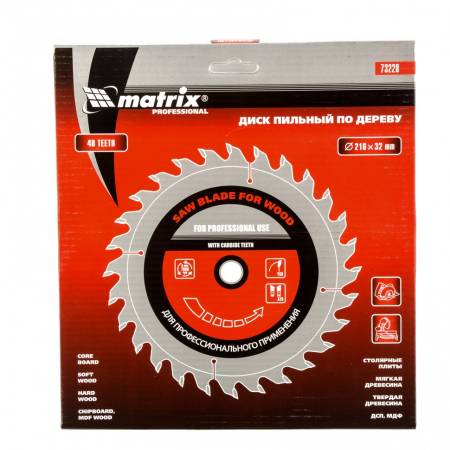 Пильный диск по дереву, 216 х 32 мм, 48 зубьев, кольцо 30/32 Matrix Professional 73228. Артикул 73228