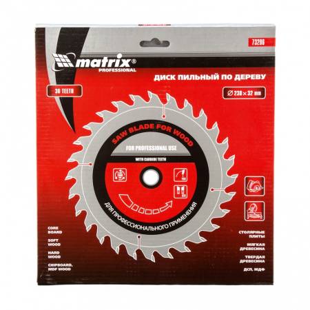 Пильный диск по дереву, 230 х 32 мм, 36 зубьев, кольцо 30/32 Matrix Professional 73296. Артикул 73296