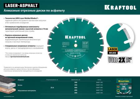 Диск алмазный LASER-ASPHALT 400 мм отрезной по асфальту KRAFTOOL 36687-400. Артикул 36687-400