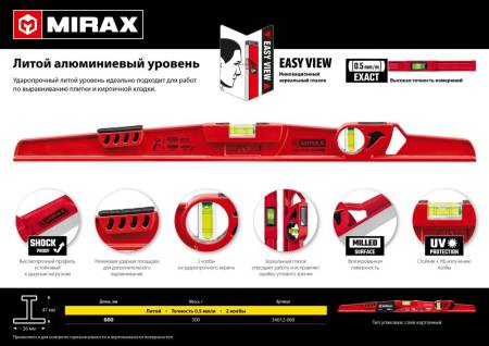 Литой алюминиевый уровень MIRAX 600 мм 34612-060. Артикул 34612-060