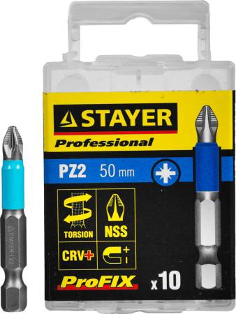 Биты STAYER "PROFESSIONAL" ProFix Pozidriv тип хвостовика E 1/4" № 2 L=50мм 10шт 26223-2-50-10_z01. Артикул 26223-2-50-10_z01