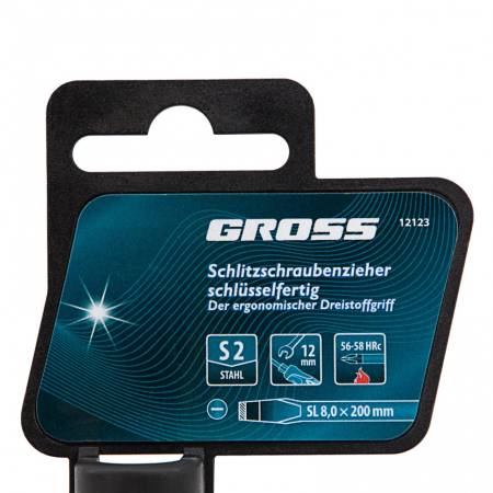 Отвертка SL8x 200 мм, S2, трехкомпонентная рукоятка Gross 12123. Артикул 12123