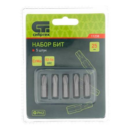 Набор бит PH2 x 25, сталь CrMo, 5 шт. Сибртех 11238. Артикул 11238