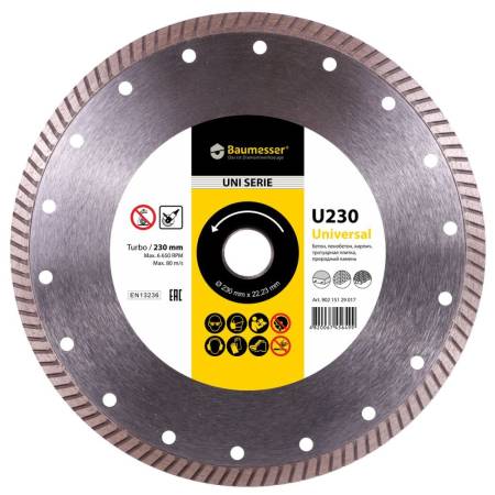 Круг алмазный отрезной 1A1R Turbo 230x2,3x9x22,23 Baumesser Universal 90215129017. Артикул 90215129017