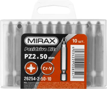 Биты MIRAX PZ№2 тип хвостовика E 1/4" длина 50мм 10шт 26254-2-50-10. Артикул 26254-2-50-10