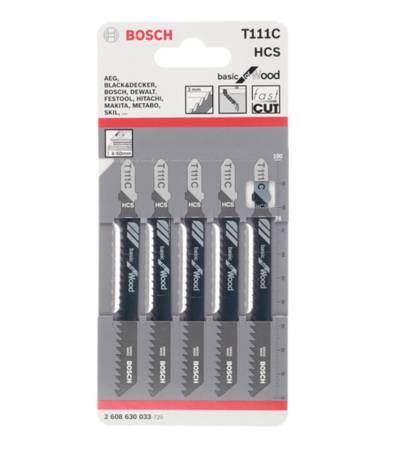 Пилки для лобзика BOSCH T111C /2.608.630.033/ 5шт. (74мм,HCS,дерево4-50мм,ДСП,ДВП) 15847. Артикул 15847-1