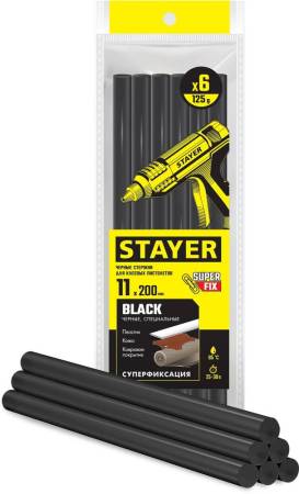 Черные клеевые стержни STAYER Black  d 11 мм х 200 мм  6 шт. 125 г. 2-06821-D-S06. Артикул 2-06821-D-S06