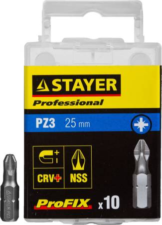 Биты STAYER "PROFESSIONAL" ProFix Pozidriv тип хвостовика C 1/4" № 3 L=25мм 10шт 26221-3-25-10_z01. Артикул 26221-3-25-10_z01